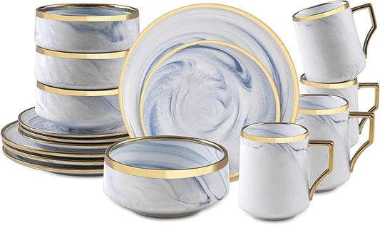 Fine China Artisan Marbled 16pc Dinner Set, Blue with Gold