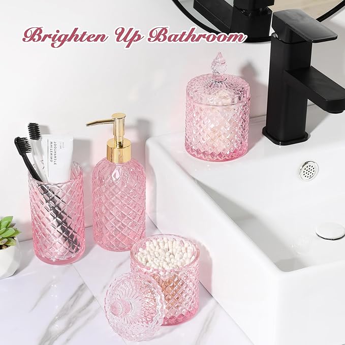 Pink Bathroom Accessories Set, 4 Pack Pink Bathroom Decor Accessory Sets Complete, Diamond Glass Soap Dispenser and Toothbrush Holder Set for Bath Counter Organizer Essentials