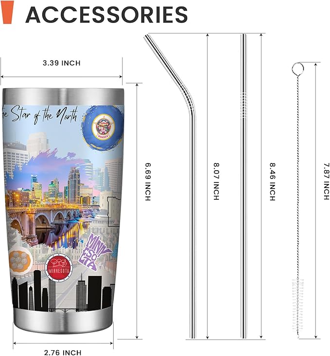 20oz Insulated Tumbler Minnesota State Coffee Mug, United States Map Travel Mug Landmark, Birthday Gifts Cute Custom Tumbler Cups with Lid and Straw Mothers Day Gifts