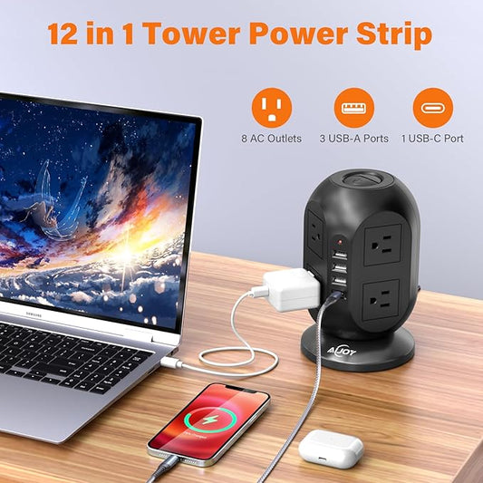 AiJoy Surge Protector Power Strip Tower with 8 Outlets 4 USB Ports(1 USB-C), 10 FT Flat Extension Cord with Multiple Outlets, Charging Tower with Surge Protection for Home Office Dorm Room Essentials