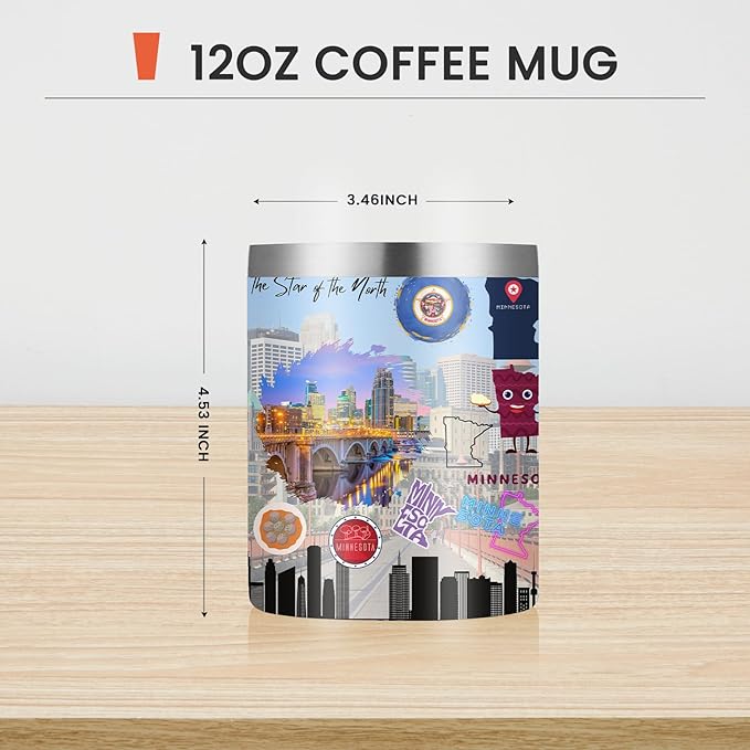 12oz Coffee Mug Minnesota State Insulated Coffee Cups, United States Map Travel Mug Landmark, Birthday Gifts Cute Mugs with Lid and Straw Mothers Day Gifts