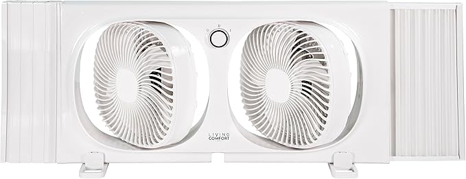 Comfort Zone Living Comfort 9-Inch Twin Window Fan with 2 Speeds & Individually 180° Rotating Fan Heads, Removable Bug Screen – Ideal for Home, Kitchen, Bedroom & Office