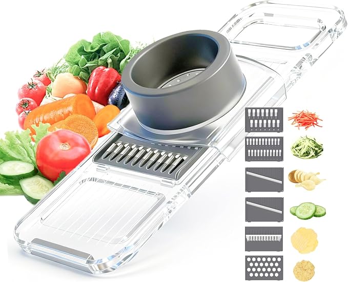 Mandoline Slicer for Kitchen, 6-in-1 Vegetable Cutter with Safe Hand Guard, One-Piece Transparent Body, Easy-Clean Design & Compact Storage for Salad Prep, Chips, Fruits & Daily Cooking