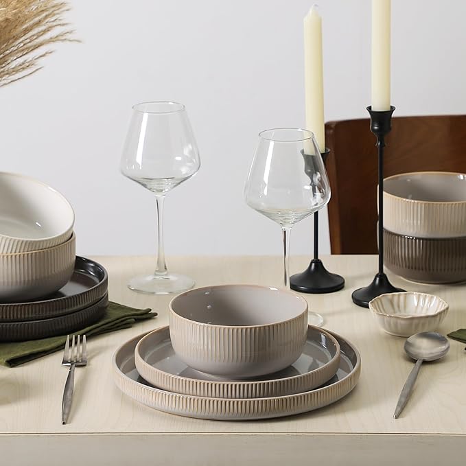 Frewinky Ceramic Dinnerware Sets for 1, Round Reactive Glaze Porcelain Plates and Bowls Sets, Scratch Resistant Modern Dishes Set, Dishwasher & Microwave Safe, Service for 1-Gray