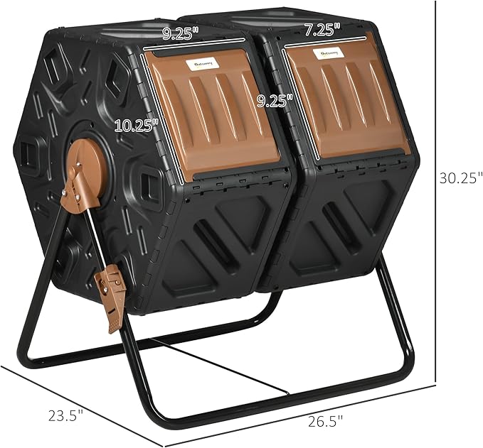 Outsunny Dual Chamber Compost Tumbler Bin, Outdoor Tumbling Composter with 24 Ventilation Openings and Steel Legs, 34.5 Gallon