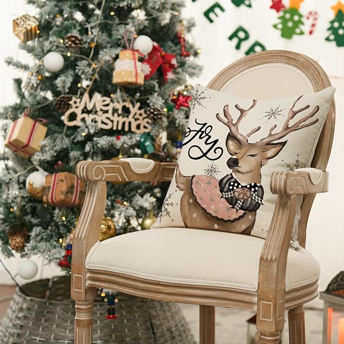 AVOIN colorlife Pink Christmas Snowman Reindeer Gloves Eucalyptus Throw Pillow Covers, 18 x 18 Inch Winter Holiday Stripes Cushion Case Decoration for Sofa Couch Set of 4
