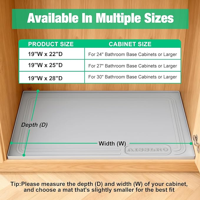 Under Sink Mat 25" X 19", Waterproof Silicone Under Sink Mats for Kitchen, Anti-Leak Shelf Liner & Cabinet Protector with Raised Edge, [BPA Free] Bathroom Tray Home Organizer, Light Grey