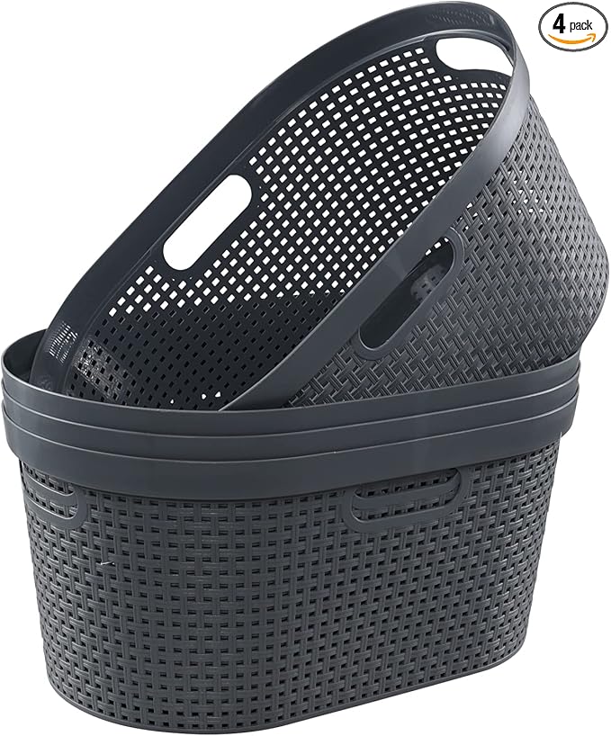 Drephia 4-Pack 40 L Plastic Laundry Hamper, Large Laundry Basket with Cutout Handles, Gray