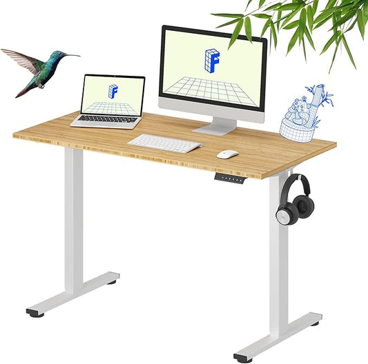FLEXISPOT EN1 Bamboo Standing Desk, 48 x 24 Inches Whole-Piece Electric Height Adjustable Desk, Home Office Table Stand up Desk (White Frame + Bamboo Top, 2 Packages)