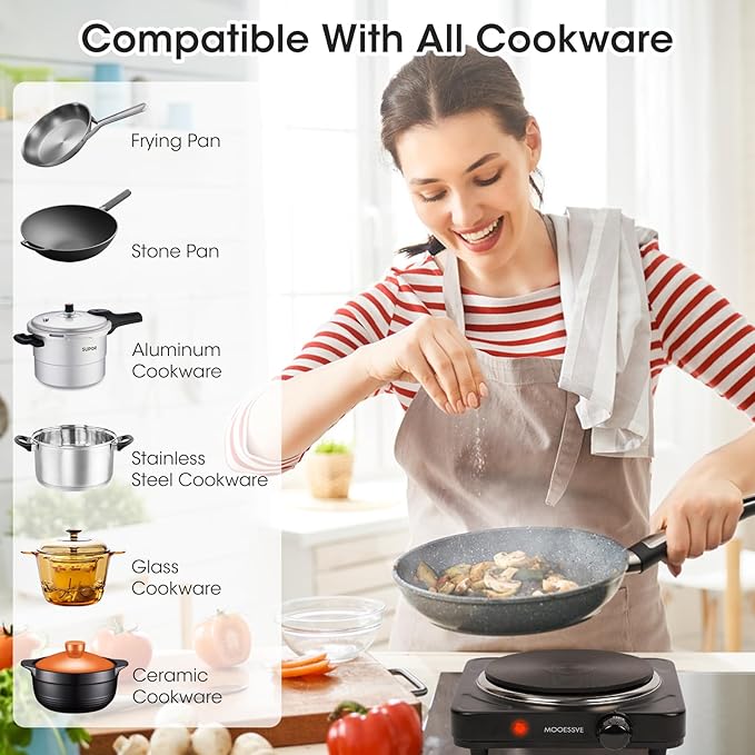 Countertop Single Cast Iron Burner 1000 Watts Electric Hot Plate with Adjustable Temperature 6.1" Cooktop for Dorm, Office, Home, Camp, Compatible for All Cookwares