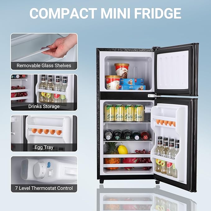 Apartment Size Fridge with Freezer 3.6 Cu. Ft. Mini Refrigerator with Freezer, Small Dorm Fridge Adjustable Thermostat & Shelves Small Refrigerator with Freezer for College, Office, Kitchen, Black