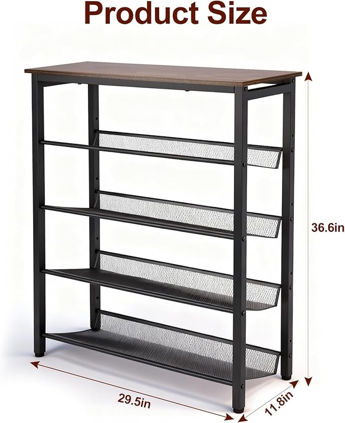 5-Tier Shoe Rack, Shoe Storage Shelf with 4 Metal Mesh Shelves, Shoe Rack Organizer for 15-20 Pairs, Durable and Stable, for Closet and Entryway, Brown and Black