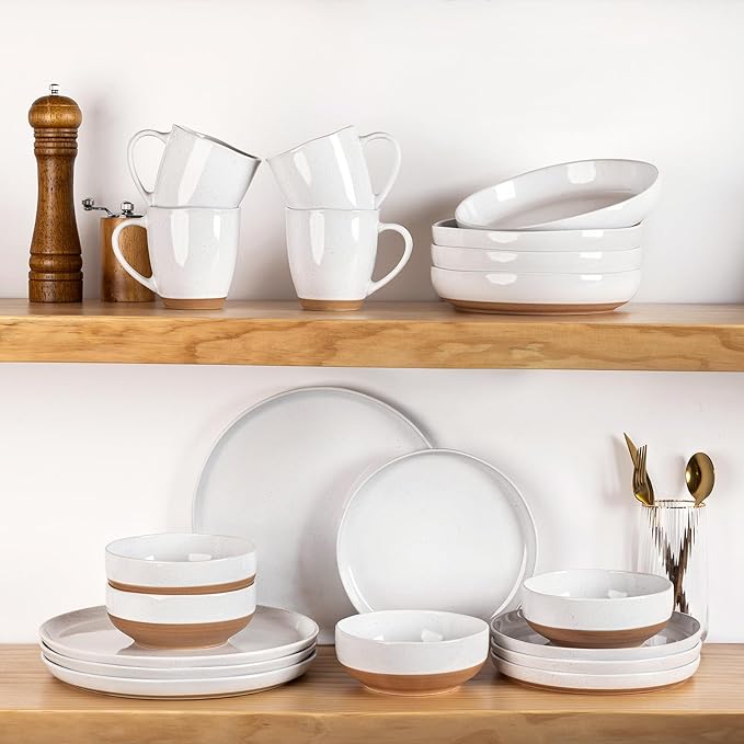 AmorArc Ceramic Dinnerware Sets with Pasta Bowls for 4, Handpainted Plates and Bowls Set with Rustic Terracotta Underside, Scratch Resistant Dishes Set, Dishwasher & Microwave Safe, 16 Pcs