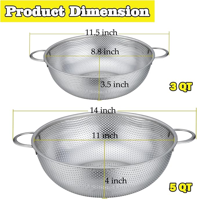 P&P CHEF Stainless Steel Colander, Micro-Perforated Food Strainer with Handle for Washing Draining, Great for Pasta Fruits Vegetables, Dishwasher Safe & Healthy, 3 + 5Qt, 2Pcs