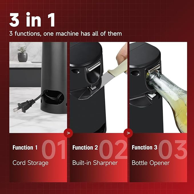 Davivy Can Opener Electric Stainless Steel, Large Tall Can Opener with Knife Sharpener,Stand Up Electric Can Opener for Seniors, Heavy Duty, RED (Black)