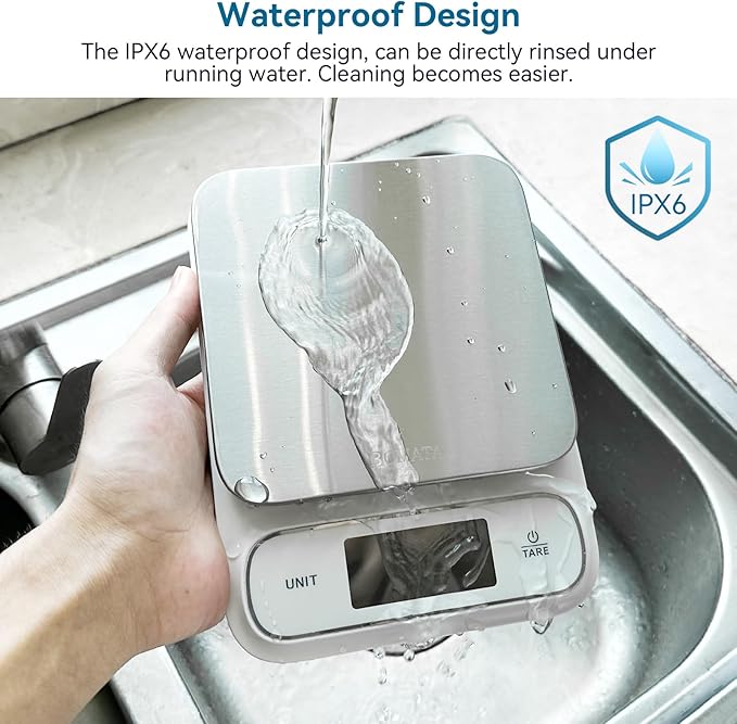 BOMATA Waterproof IPX6 Kitchen Scale, 0.1 g/0.01 oz High Precision, 5 kg/11 lbs, Digital Scale with Backlight, Stainless Steel Weighing Platform, for Food, Cooking, Baking, Weight Loss.. B619, Milky