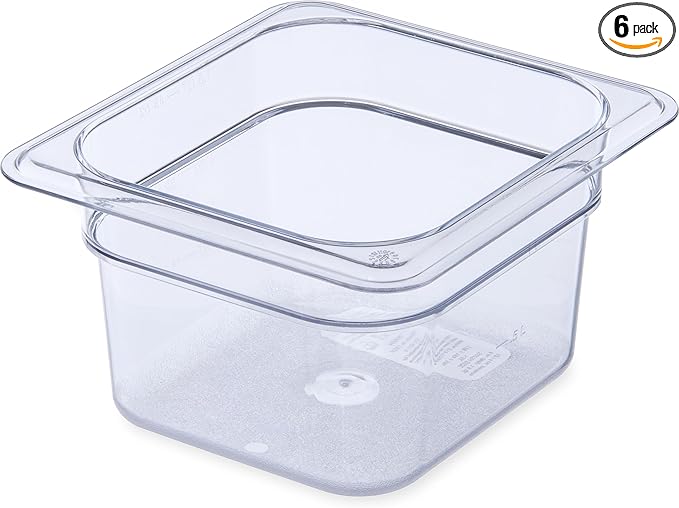 Carlisle FoodService Products StorPlus Plastic 1/6-Size Food Pan, 4 Deep Food Storage Container with 1.7 Quart Capacity, Polycarbonate, 1/6 Size, Clear, (Pack of 6)