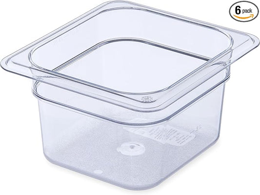 Carlisle FoodService Products StorPlus Plastic 1/6-Size Food Pan, 4 Deep Food Storage Container with 1.7 Quart Capacity, Polycarbonate, 1/6 Size, Clear, (Pack of 6)