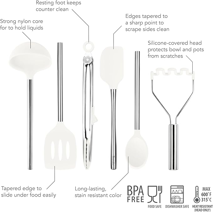 Tovolo Silicone Cooking Utensil Set of 6 White Ladle Slotted Turner Tongs Flex Core Spatula Scraper Mixing Spoon and Potato Masher, Dishwasher Safe Non Toxic BPA Free Silicone Kitchen Utensils