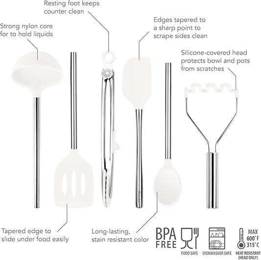 Tovolo Silicone Cooking Utensil Set of 6 White Ladle Slotted Turner Tongs Flex Core Spatula Scraper Mixing Spoon and Potato Masher, Dishwasher Safe Non Toxic BPA Free Silicone Kitchen Utensils