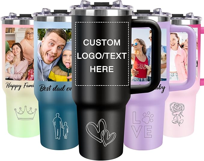 Personalized 40oz Tumbler with Handle, Custom Insulated Tumblers with Pictures Logo, Stainless Steel Travel Coffee Mug, Personalized Gifts for Women Men Birthday Fathers Day Mothers Day
