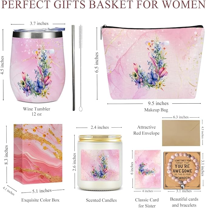 Personalized Gifts Monogrammed Birthday Gifts for Women, Maid of Honor Bachelorette Wedding Christmas Initial Wine Tumbler Makeup Bag Scented Candle Bracelet Set, (Aesthetic Pink Flower J)