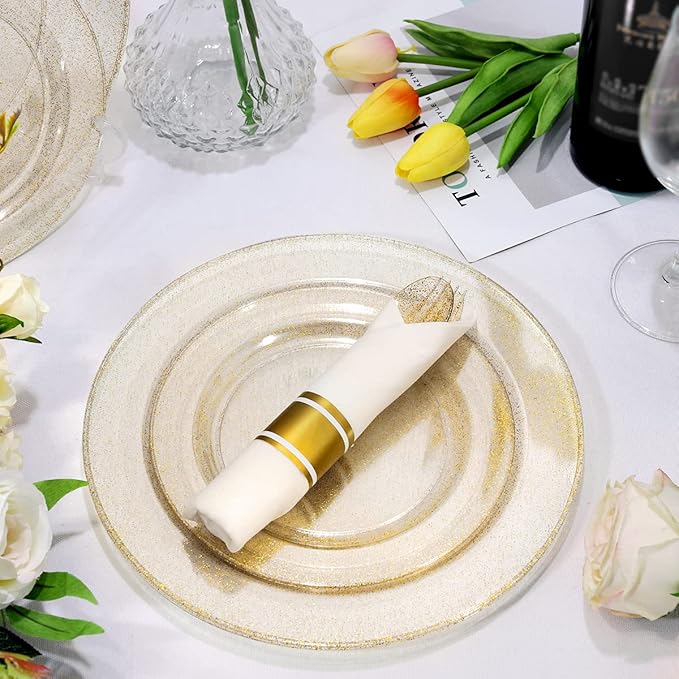 DaYammi 350 Pieces Gold Glitter Dinnerware Set 50 Guest for Party Christmas Plates Disposable - 50 Dinner Plates, 50 Dessert Platos -50 Per Rolled Napkins with Gold Cutlery -50 Disposable Cups 9 OZ