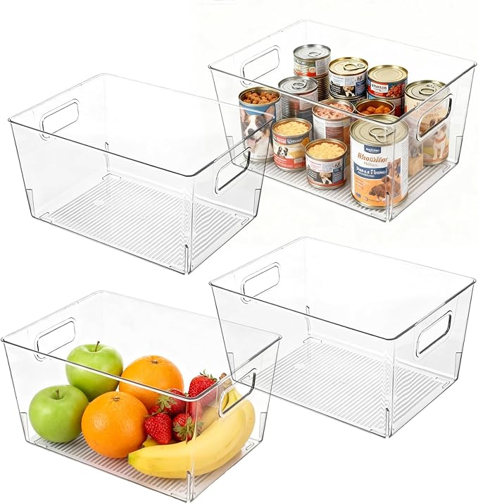MOONEDGE 4 Pcs Clear Plastic Storage Bins, 11"x8"x6" Food-Grade Stackable Containers with Handles and Open-Top Design, Durable Pantry Organizer for Kitchen, Bathroom, Office, Fridge & Closet