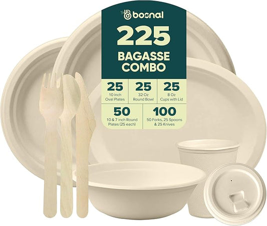 BOSNAL 10 inch & 7 inch Round Plates, 10 inch Oval Plates, 32 oz Bowls & 8 oz Cups with Lidss & Cutlery – 100% Plant-Based Bagasse, Eco-Friendly, Compostable, Microwave Safe, Durable Dinnerware Set
