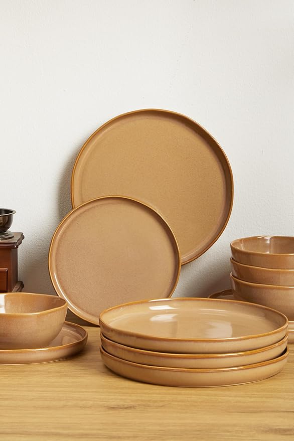 Handcrafted Dish Set for 8,24 Piece Rustic Brown Ceramic Plates and Bowls Set – Vintage-Inspired Dinnerware Sets for Hosting & Everyday Warmth