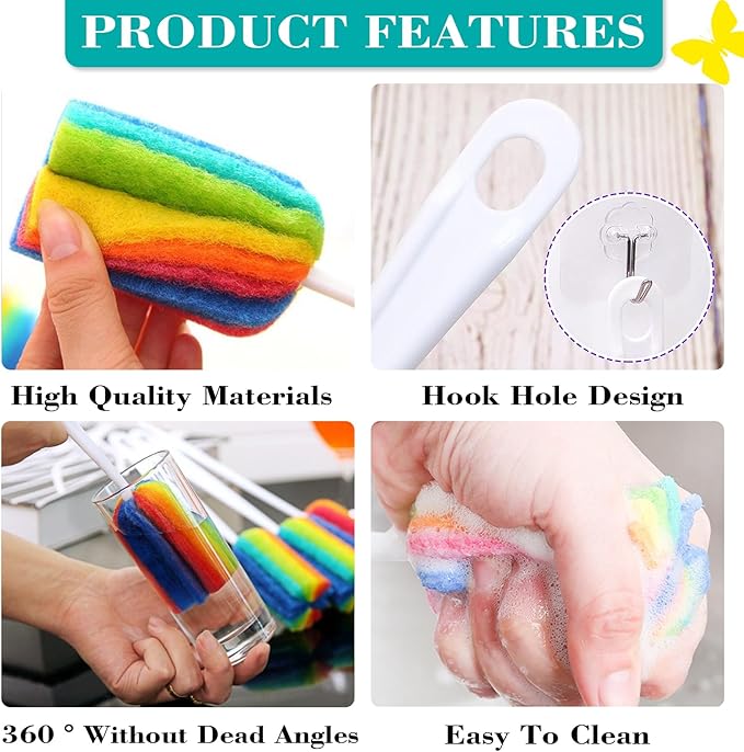 Bottle Brush with Straw 4PCS Sponge Cleaning Long Handle Scouring Pad Scrub for Kitchen Clean Baby Bottle Glasses Mugs Cups (1PCS+Straw Brush 4PCS)