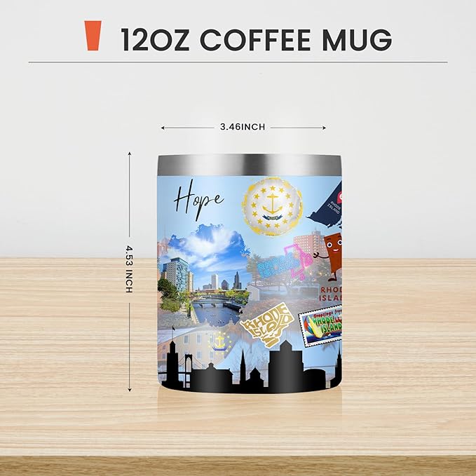 12oz Coffee Mug Rhode Island State Insulated Coffee Cups, United States Map Travel Mug Landmark, Birthday Gifts Cute Mugs with Lid and Straw Gifts for Mom