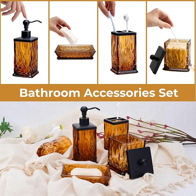 Bathroom Accessories Set,5 Pcs Amber Glass Bathroom Accessory Set,Complete Lotion Soap Dispenser,Toothbrush Holder,Soap Dish,Tumbler & Jar,Modern Bathroom Decor Sets,Gift for Home Apartment,Square