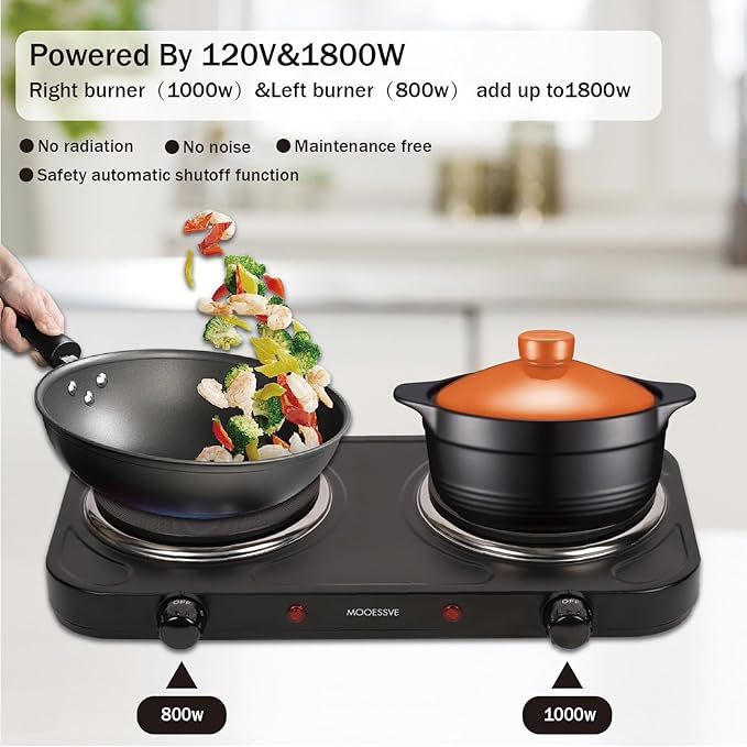 Countertop Double Cast Iron Burner 1800 Watts Electric Hot Plate with Adjustable Temperature 6.1" Cooktop for Dorm, Office, Home, Camp, Compatible for All Cookwares