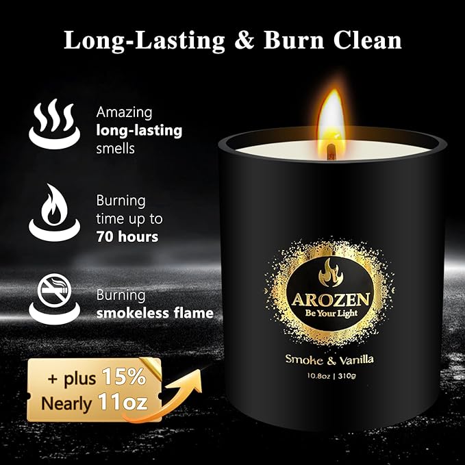 Premium Smoke & Vanilla Scented Candles | Black Large Candle for Home Scented | 70-Hour Long Lasting Soy Candle for Him, 10.8oz, Men’s Aromatherapy Candles Gifts for Men, Stress Relief Gift