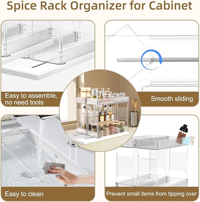 Spice Rack Organizer for Cabinet, 2-Tier Pull Out Seasoning Organizer, Slide & Rotate Spice Storage Rack, Easy to Install Spice Cabinet Organizers, Organizer Shelf for Home and Kitchen Use