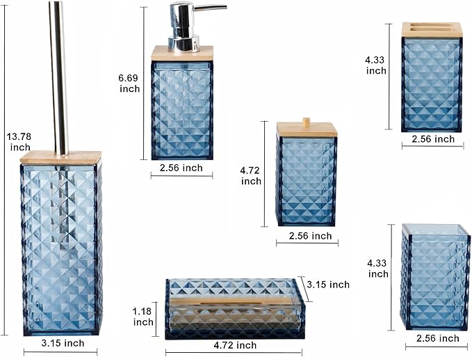 Blue Bathroom Accessory Set, 6 PCS Blue Bathroom Accessories Set, Soap Dispenser, Toothbrush Holder, Soap Dish, Mouthwash Cup, Cotton Swab Holder and Toilet Brush, Acrylic