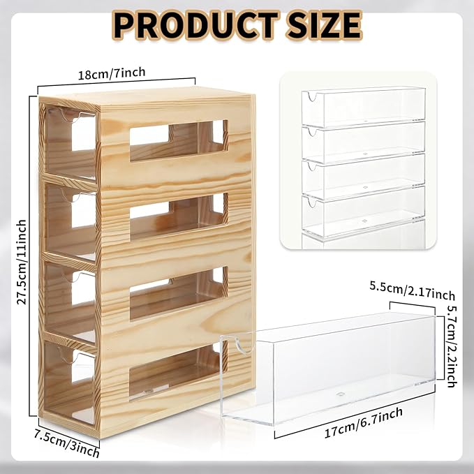 Novabright Drink Packet Organizer 4 Drawers Tea Bag Organizer Wood and Acrylic 11 x 7 x 3 Inches Water Flavor Packets Storage Holder for Kitchen Countertop Home Table Pantry Organization