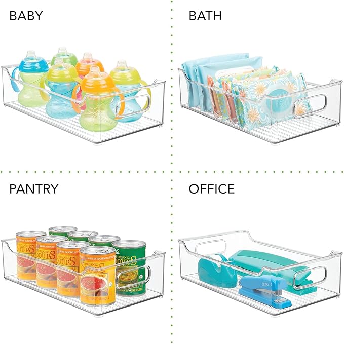 mDesign Wide Plastic Kitchen Storage Container Bins with Handles -Organization in Pantry, Cabinet, Refrigerator or Freezer Shelves - Food Organizer for Fruit, Yogurt, Squeeze Pouches - 4 Pack - Clear
