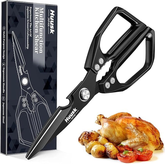 HUUSK Kitchen Scissors for Food - Stainless Steel Kitchen Shears, Sharp Black Meat Scissors Dishwasher Safe, Heavy Duty Poultry Shears, Japanese Cooking Scissor for Chicken, Christmas Gifts for Men