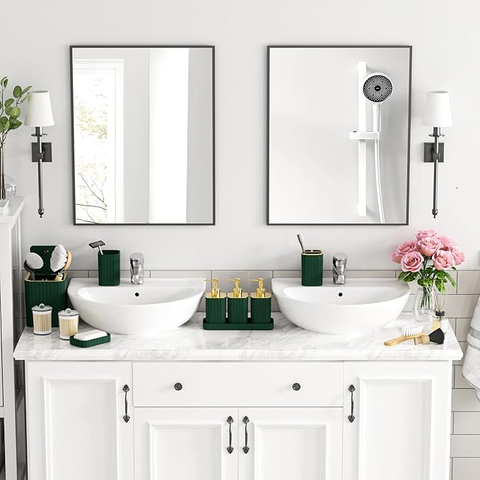 Bathroom Accessory Set - Bathroom Set, 12PC Bathroom Accessories Set, Dark Green Bathroom Accessories Set, Mini Trash Can, Toilet Brush, Trash Can & Soap Dispenser