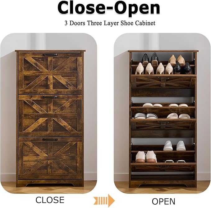 Shoe Storage Cabinet with Bench, Farmhouse Shoe Organizer with Barn Door Design, Space-Saving Hidden Narrow Shoe Rack Cabinet for Entryway, Hallway & Foyer, Brown