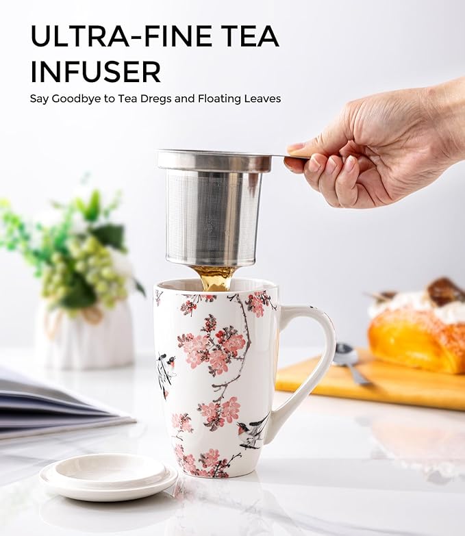 AmorArc Porcelain Tea Mug with Infuser and Lid, 18 Oz Tea Cup with Handle for Loose Leaf Tea, Gift for Tea Lovers of Men and Women
