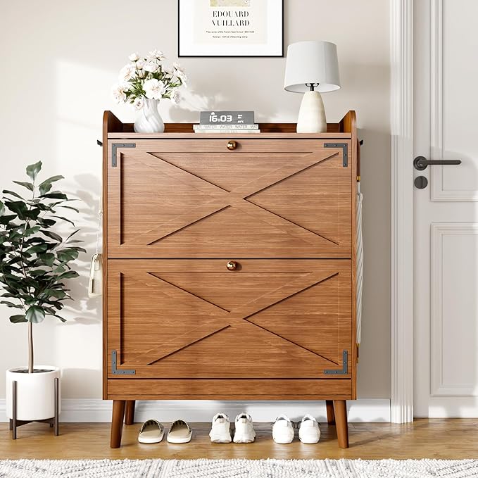 Shoe Storage Cabinet with 2 Flip Drawers & Adjustable Shelves,Narrow Shoe Cabinet Storage with Doors Side Hooks Wooden Shoe Rack Cabinet for Entryway,Hallway,Rustic Walnut