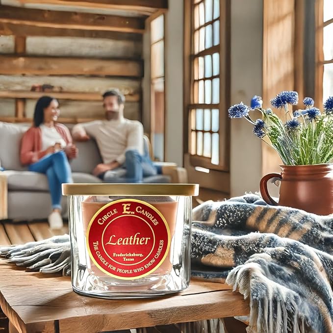 Circle E Candles, Leather Scent, Small Size Jar Candle, 8oz, Christmas Gift for Him, Rich Masculine Aroma, Holiday Candle, Cozy Winter Stocking Stuffer