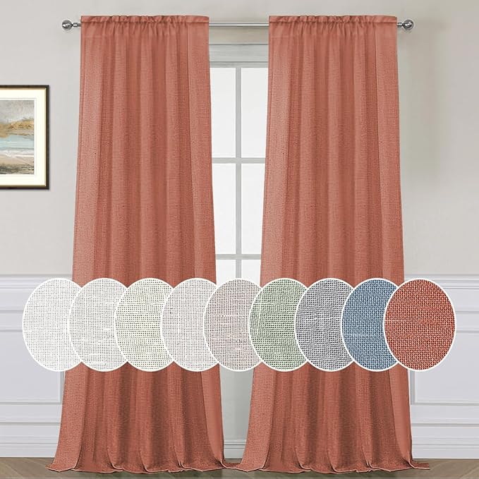 H.VERSAILTEX Linen Curtains Elegant Natural Linen Semi Sheer Curtains Energy Light Filtering Rod Pocket Window Treatments Panels for Living Room (Set of 2, Terracotta, 52 inch W X 84 inch L)