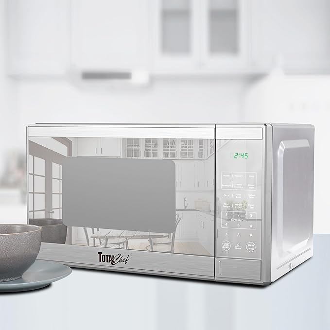 Total Chef 0.9 Cu Ft Microwave Oven – Compact Countertop Kitchen Appliance, Small Stainless Steel Microwave with Digital Touch, Pre-Set Functions, 10.6” Turntable, 900 Watt