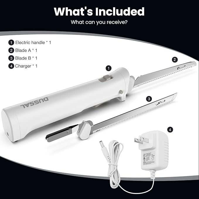 DUSSAL Cordless Electric Knife Rechargeable, Electric Carving Knife, 4 Stainless Steel Blades, Safety Lock Switch, Blade Release Buttons, Cutting Meats, Poultry, Bread, Cheese & More (White)