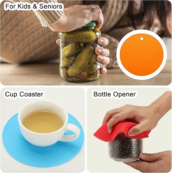 uxcell 4pcs Silicone Jar Opener Pads, 17.5cm/7" Texture Can Opener Multipurpose Round Bottle Lid Opener Non-Slip Coasters for Weak Hands Seniors Children, Orange