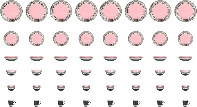 48 Piece Dinnerware Set, Ceramic Plates and Bowls Sets for 8, Microwave and Dishwasher Safe, Handcrafted Tree Bark Series Dish Set, Rose/Pink